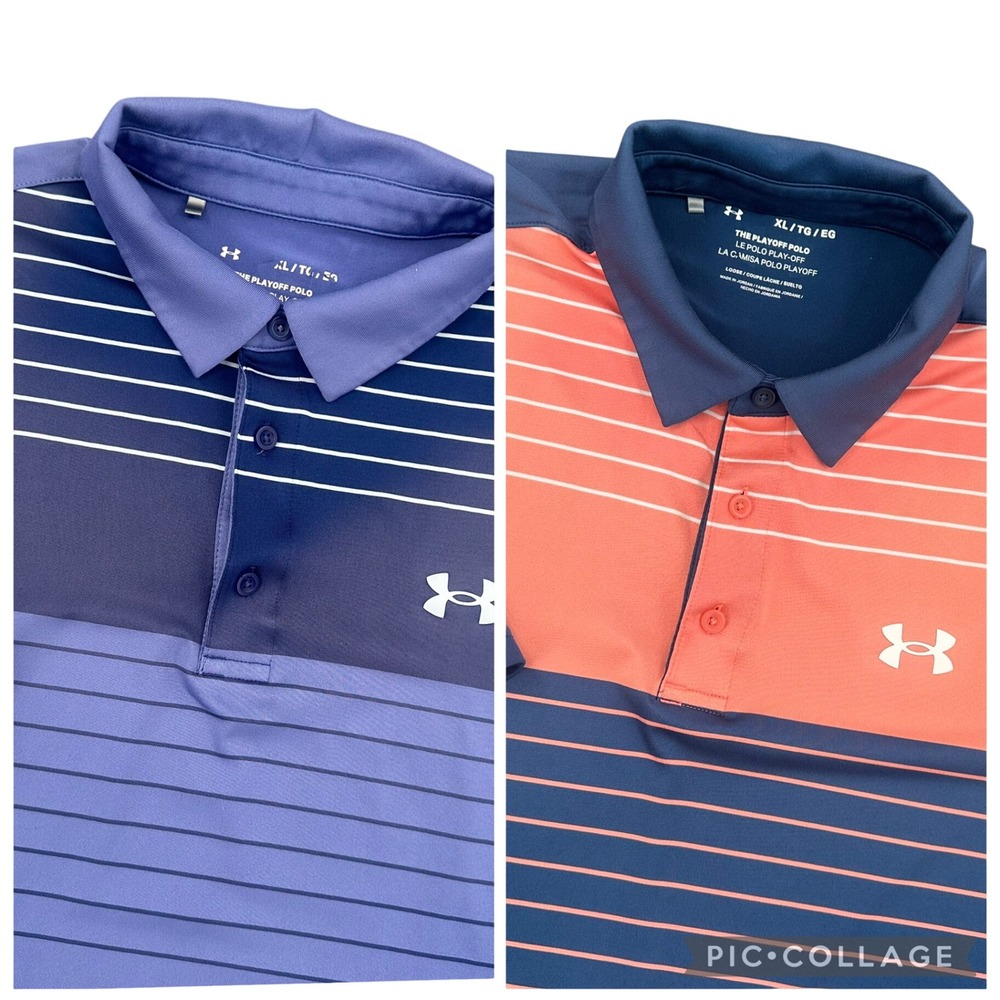 Lot of 2 Under Armour Mens Playoff Polo Shirt XL Striped Short Sleeve Golf